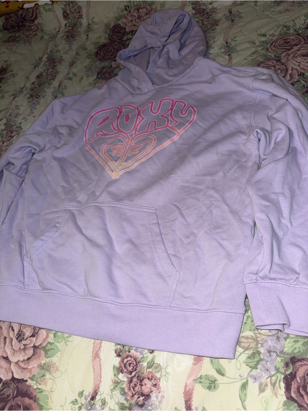 purple roxy hoodie with pink heart logo size large15/16 kids but fits adult s :3